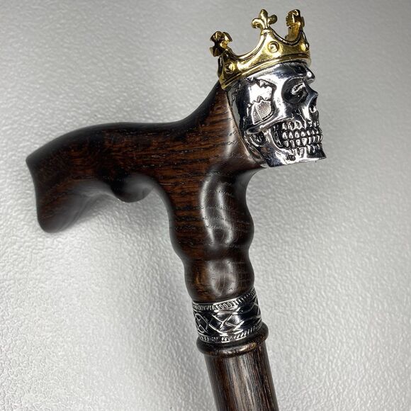 ASTEROM Walking Cane Skull King Crown Handle 35in Oak Wood Ergonomic Handmade - Picture 14 of 15